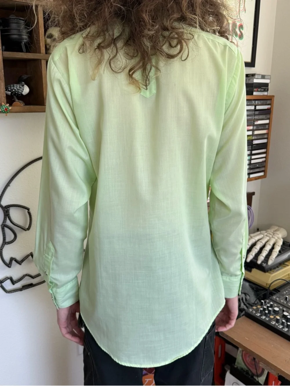 Vintage 60s Lime Green Pearl Snap Semi Sheer Spear Collar Western ~ Size Medium - Picture 5 of 8